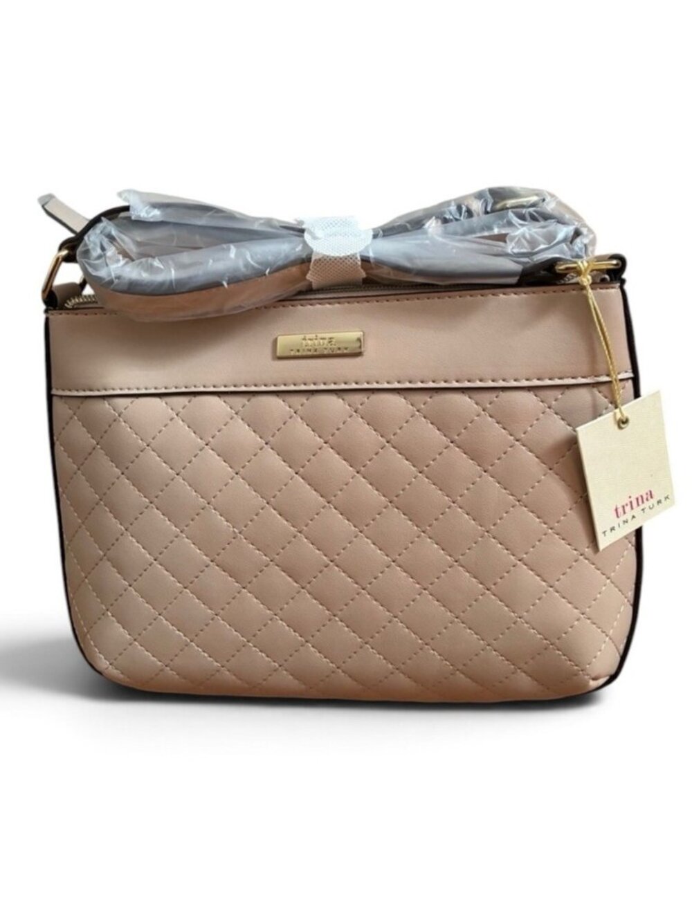 Trina Turk Cashmere Beige Faux Leather Quilted Handbag Crossbody Adjustable NWT